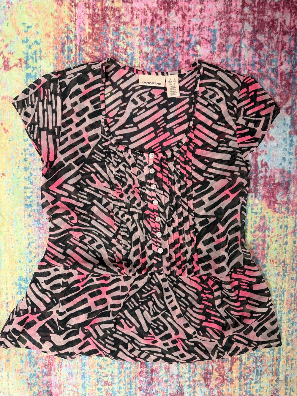 Dkny Black and Pink Abstract Cap-Sleeve Blouse